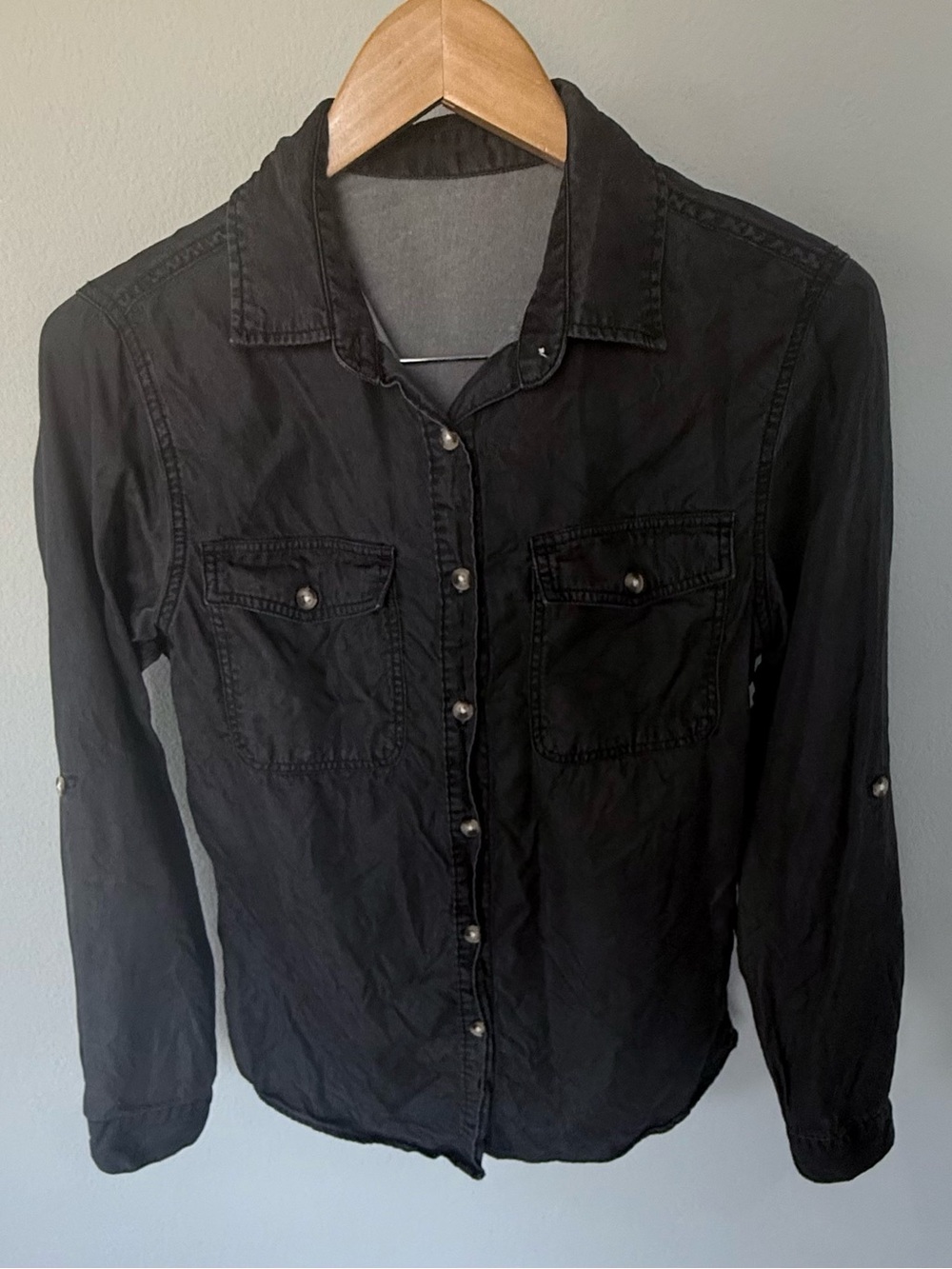 Women’s Black Lyocell Button‑Up Shirt • Size S • Classic Long Sleeve